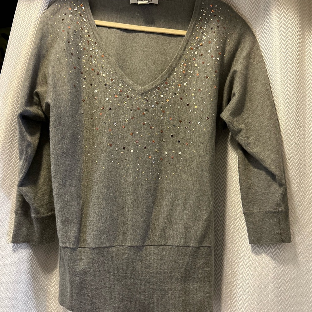 Gray V-Neck Sweater with Embellishments